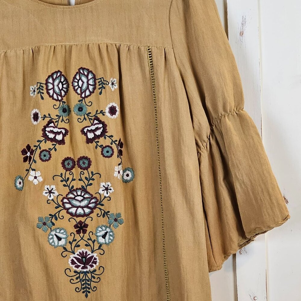 POLAGRAM Embroidered Boho Bell Sleeve Dress Mustard Floral L - Picture 4 of 9